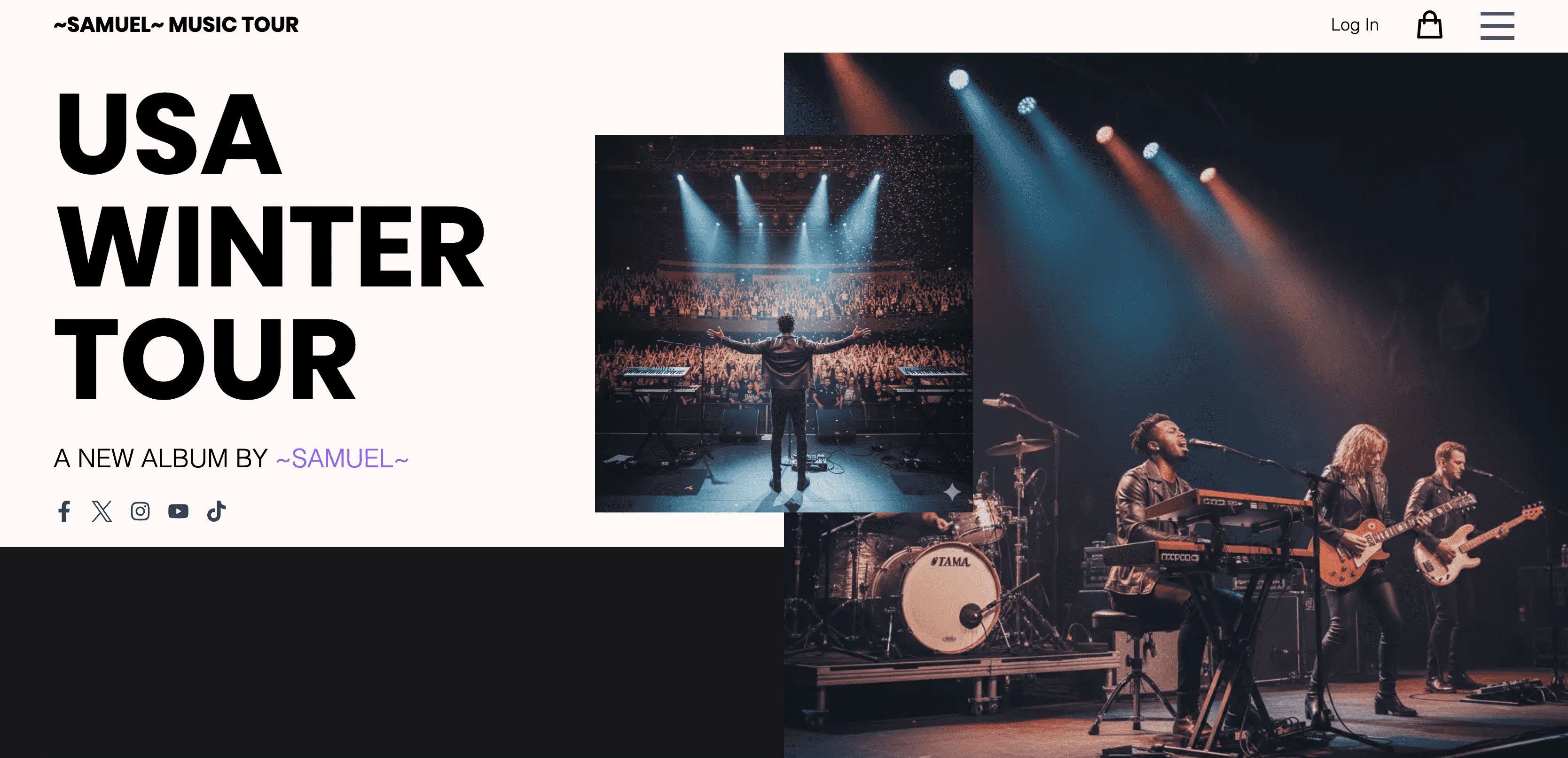 Music tour landing page mockup with event schedule and shop listings