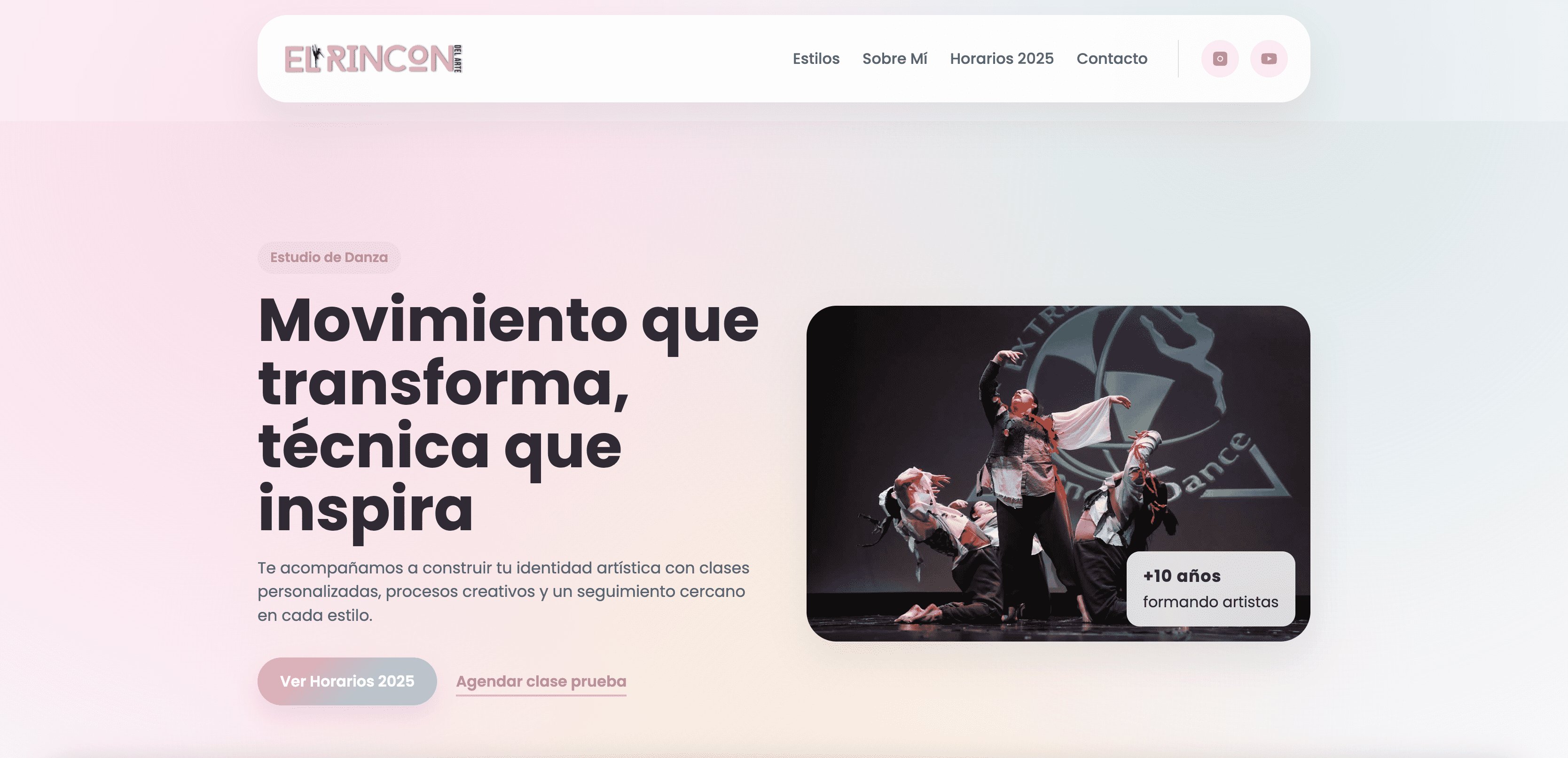 Modern dance academy landing page with pastel gradients and clean layout