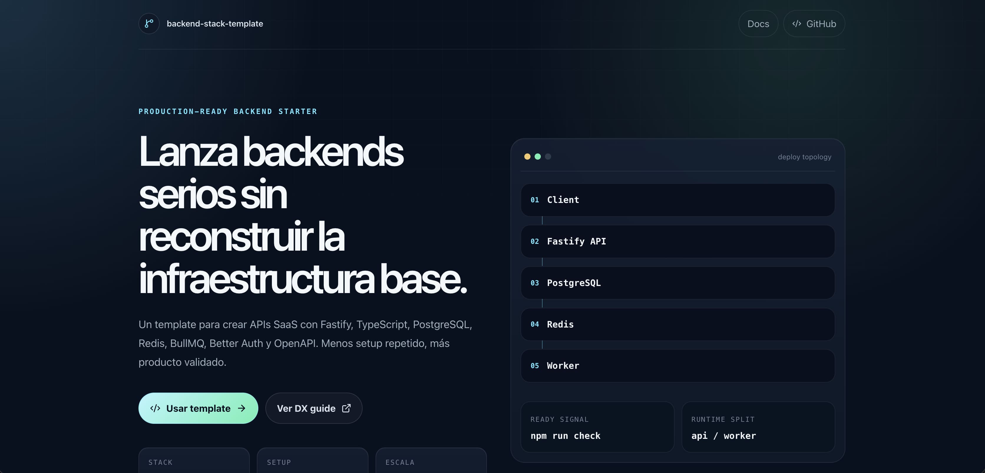 Backend infrastructure workspace with API, database, queues, and deployment systems